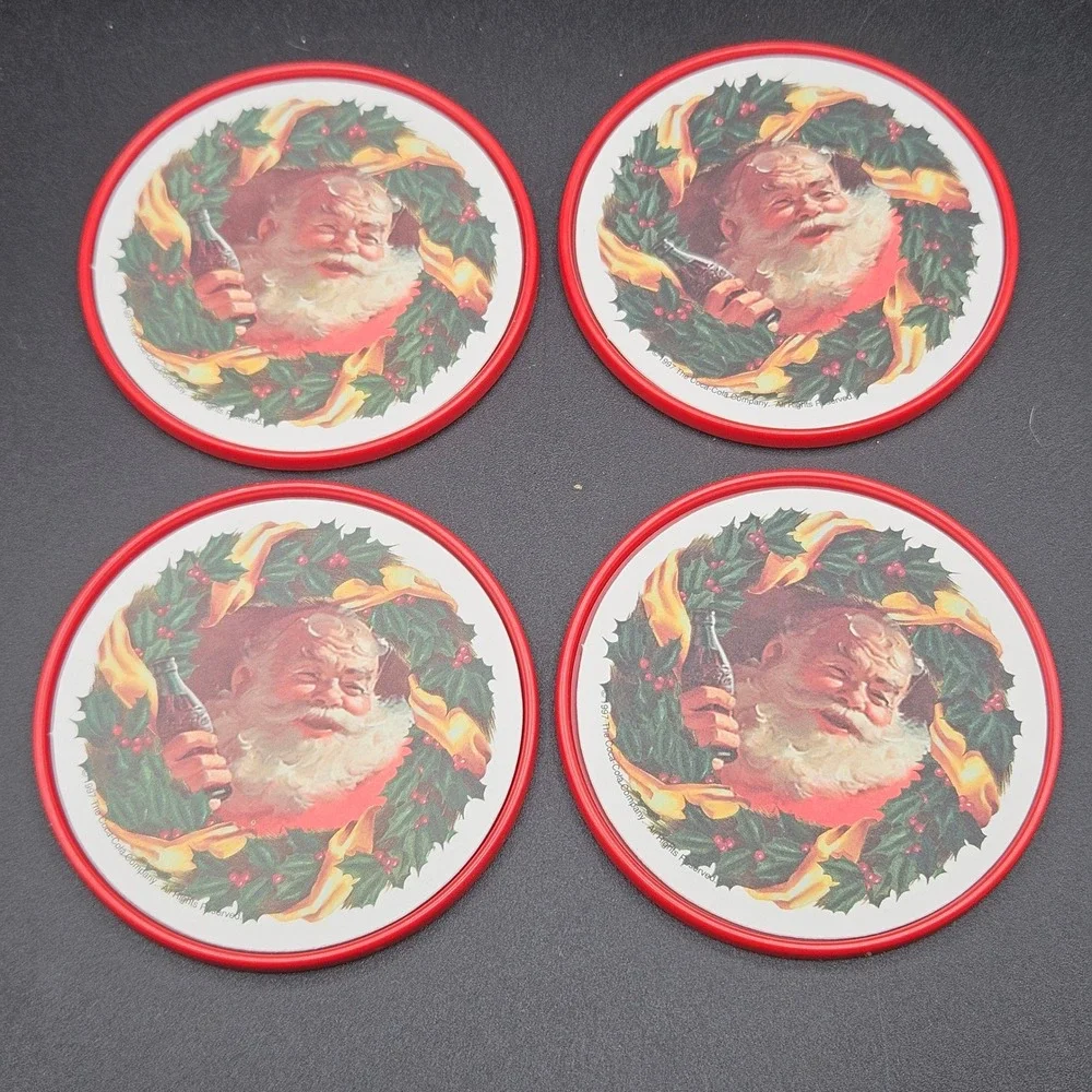 Vintage 1997 Coca-Cola Santa Claus Christmas Coasters Set of 4 Red Plastic